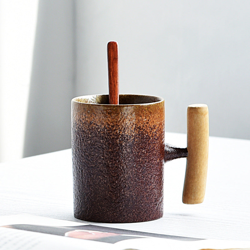 Glaze Retro Wooden Handle Mug, Household Ceramic Tea Cup, Handmade Rough Ceramic Office Coffee Cup