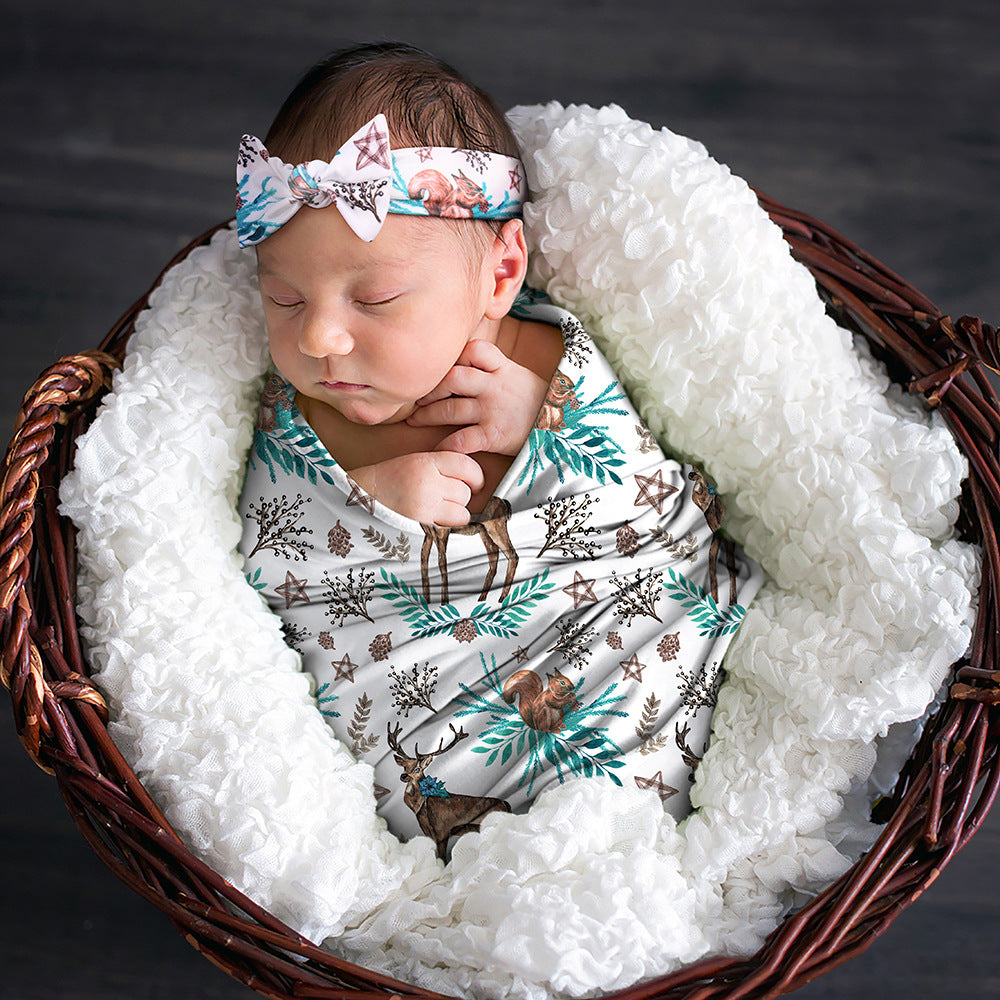 Newborn Photography Wrap Bow Hair Band Wrap Towel Set Baby Flower Blanket 2 Piece Set