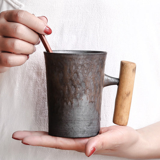 Glaze Retro Wooden Handle Mug, Household Ceramic Tea Cup, Handmade Rough Ceramic Office Coffee Cup