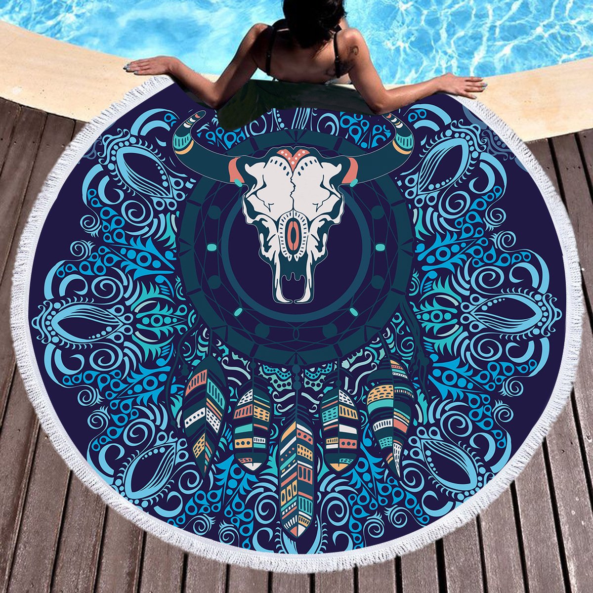 Turquoise with Boho Calf Head and feathers Circle Beach Towel