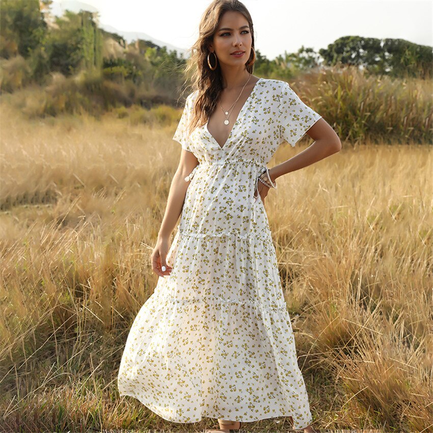 Summer Beach Holiday Dress Women Casual Floral Print Elegant  Boho Long Dress Ruffle Short-Sleeve V-neck Sexy Party Robe