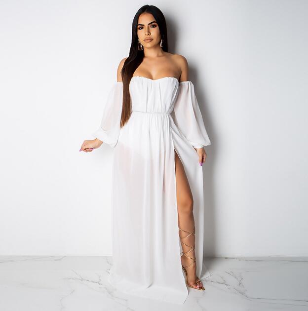 Boho Summer Maxi Dress- Off Shoulder Long Sleeve White Chiffon Beach Dress