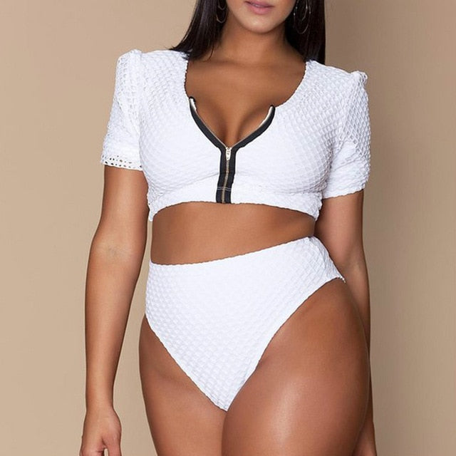 High Waisted 2 Pcs Zipper Top Short Sleeve Bikini