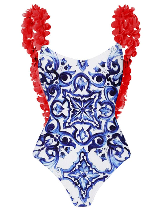 Boho Chic Red Ruffled Full Piece Swimsuit Set with Matching Swim Cover