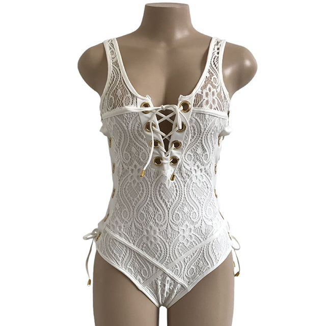 Eyelet Lace-Up One Piece Swimsuit with Trikini Thong and Backless Design