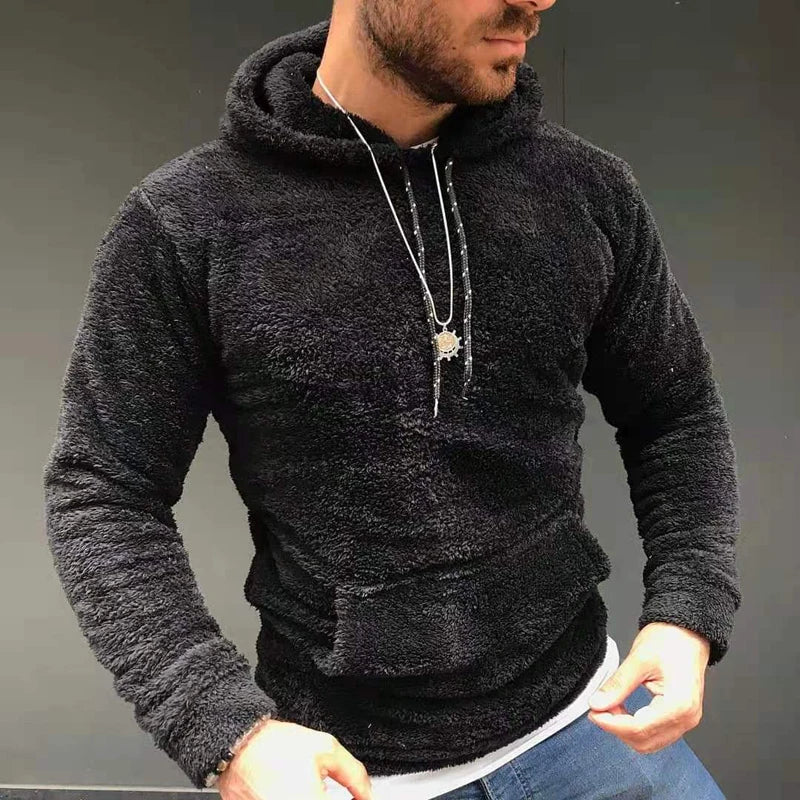 Casual Solid Hooded Men's Long Sleeve Autumn Winter Warm Pocket Loose Sweatshirt Plush Fleece Hoodies Oversized Loose Tops