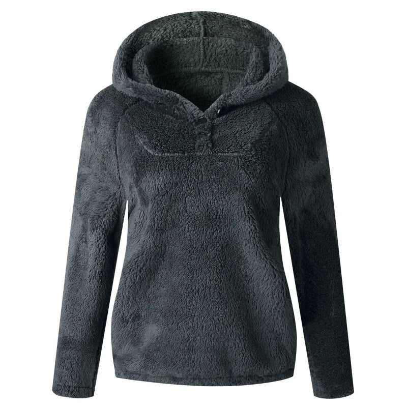 Women Winter Fluffy Plush Buttons Hoodies Long Sleeve Solid Color Pullover Sweatshirt Casual Loose Warm Tops with Pocket