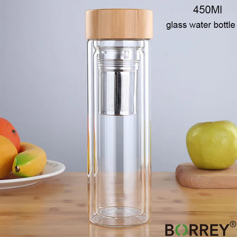 Tumbler 450Ml Glass Water Bottle Anti-scald Double Wall Tea Bottle With Infuser Filter Strainer Office Clear Drinking Bottle