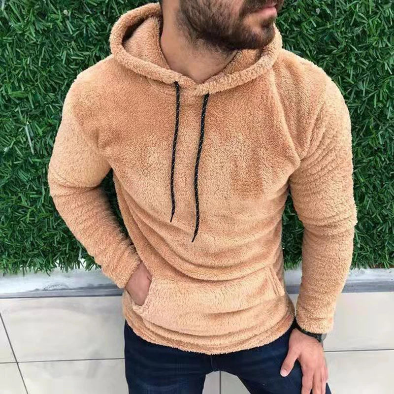 Casual Solid Hooded Men's Long Sleeve Autumn Winter Warm Pocket Loose Sweatshirt Plush Fleece Hoodies Oversized Loose Tops