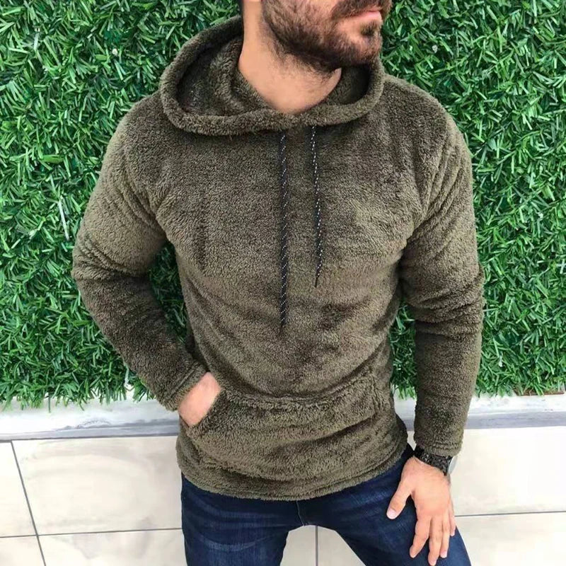 Casual Solid Hooded Men's Long Sleeve Autumn Winter Warm Pocket Loose Sweatshirt Plush Fleece Hoodies Oversized Loose Tops