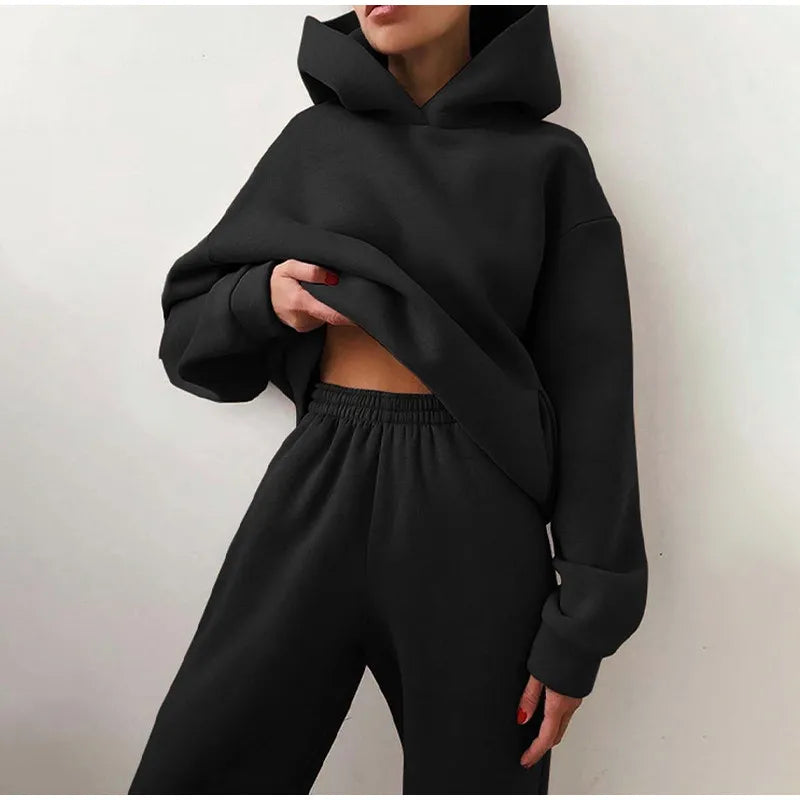 Women Tracksuit Set Solid Long Sleeve Casual Suits Autumn Winter Warm Hooded Sweatshirts And Jogger Pants Fleece Two Piece Set