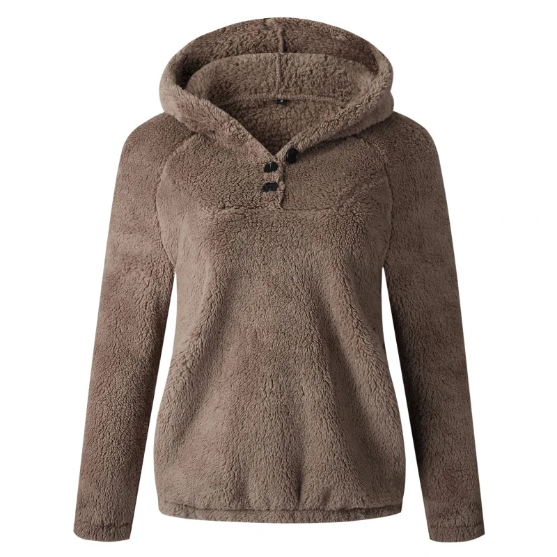 Women Winter Fluffy Plush Buttons Hoodies Long Sleeve Solid Color Pullover Sweatshirt Casual Loose Warm Tops with Pocket