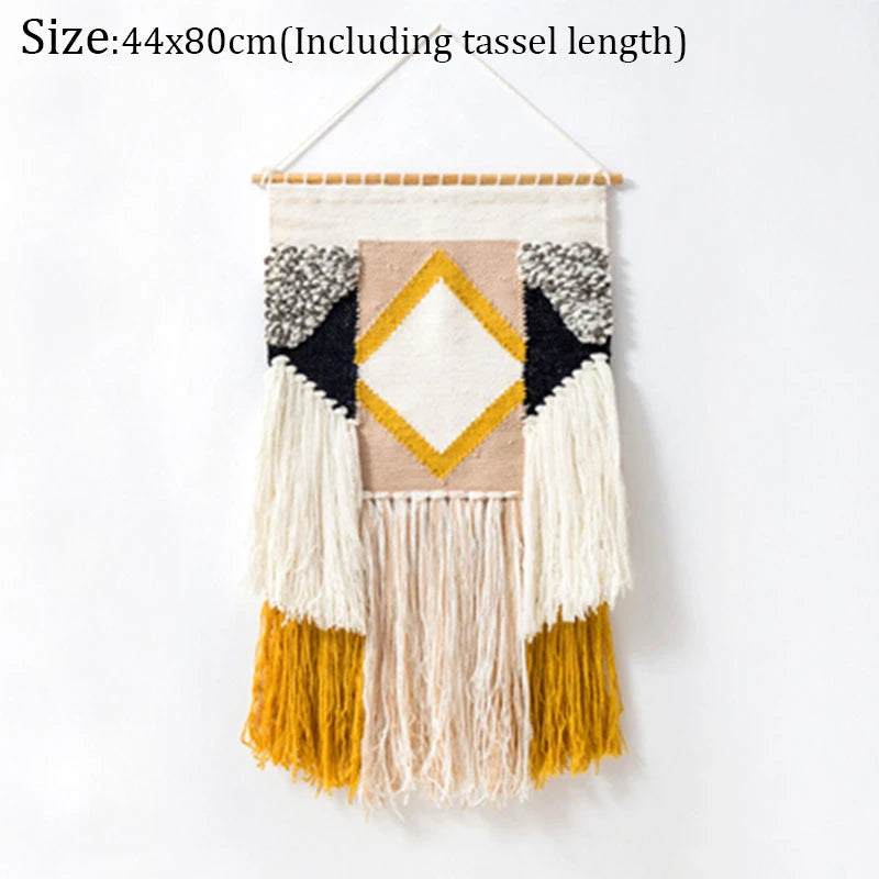 Hand Woven Tufted Tapestry Macrame Tassel Bohemian Wall Hanging Tapestries Boho Weding Wall Decor Apartment Dorm Room Decoration