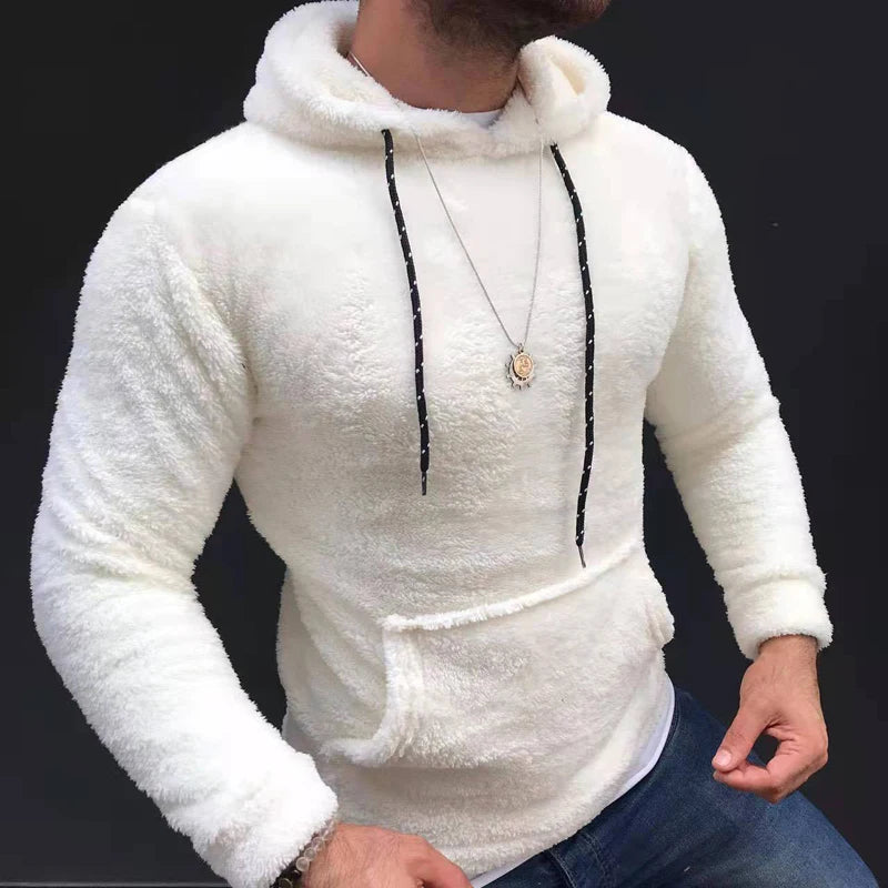 Casual Solid Hooded Men's Long Sleeve Autumn Winter Warm Pocket Loose Sweatshirt Plush Fleece Hoodies Oversized Loose Tops