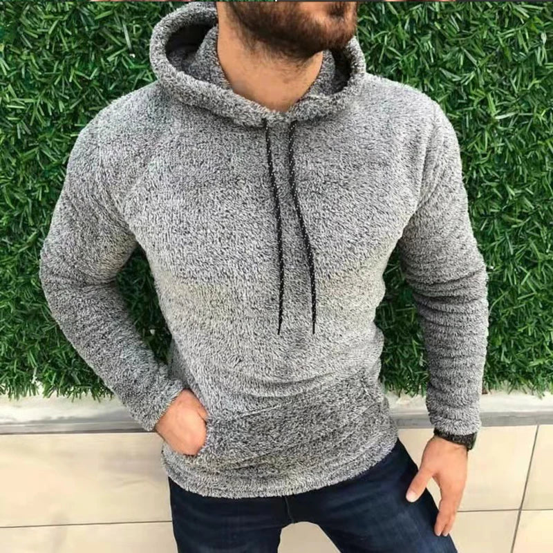 Casual Solid Hooded Men's Long Sleeve Autumn Winter Warm Pocket Loose Sweatshirt Plush Fleece Hoodies Oversized Loose Tops