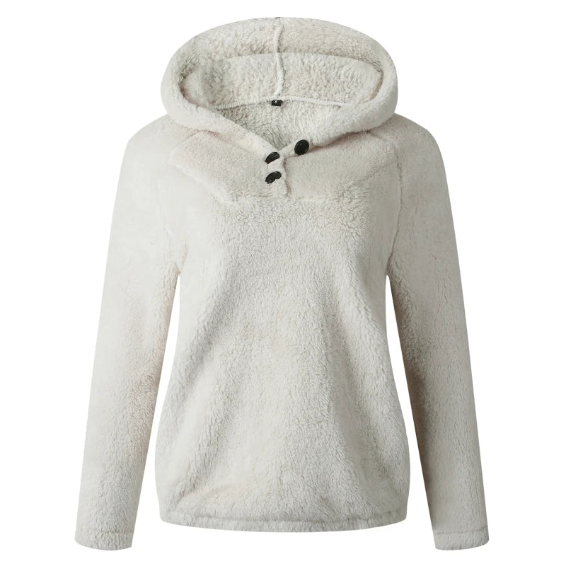 Women Winter Fluffy Plush Buttons Hoodies Long Sleeve Solid Color Pullover Sweatshirt Casual Loose Warm Tops with Pocket