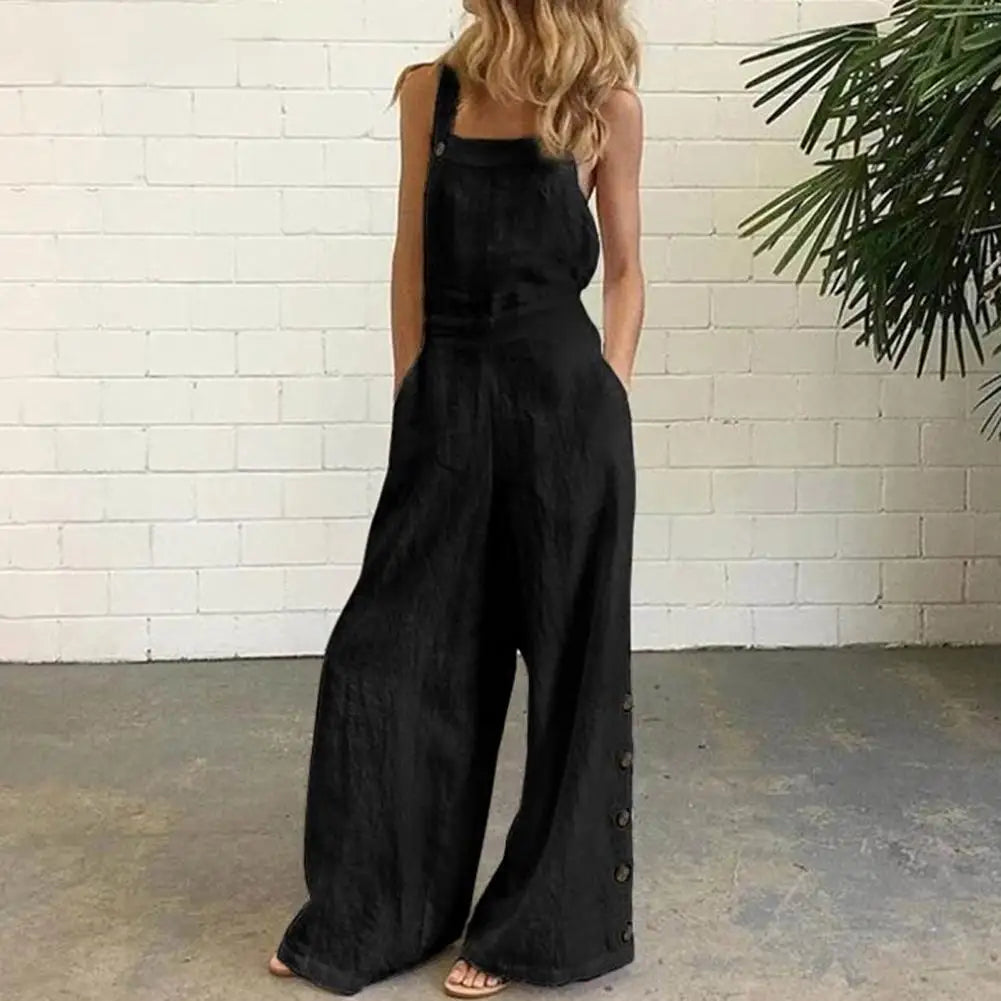 Women Jumpsuit Summer Sleeveless Solid Color Wide Leg Pockets Loose Strappy Playsuit Overall Wide Leg Pockets mono mujer verano