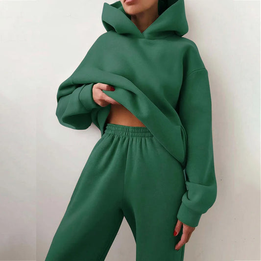 Women Tracksuit Set Solid Long Sleeve Casual Suits Autumn Winter Warm Hooded Sweatshirts And Jogger Pants Fleece Two Piece Set