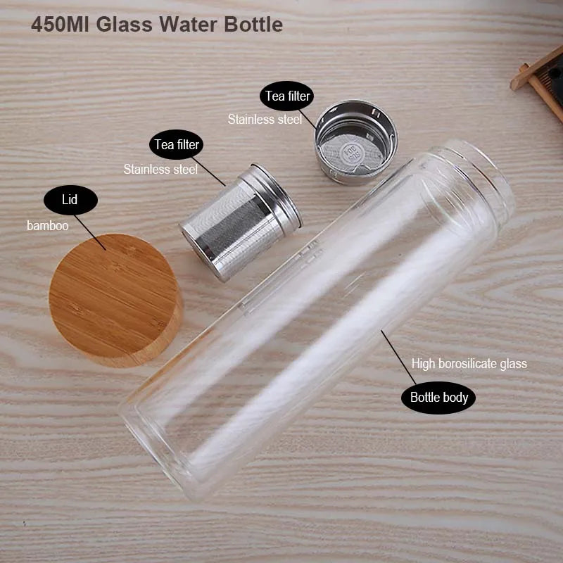 Tumbler 450Ml Glass Water Bottle Anti-scald Double Wall Tea Bottle With Infuser Filter Strainer Office Clear Drinking Bottle