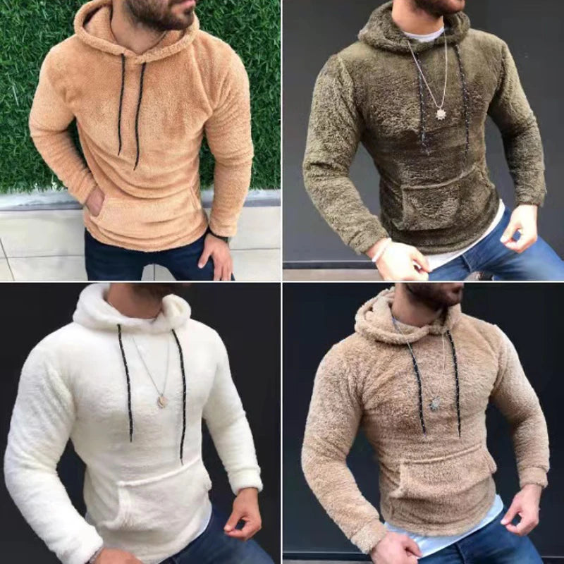 Casual Solid Hooded Men's Long Sleeve Autumn Winter Warm Pocket Loose Sweatshirt Plush Fleece Hoodies Oversized Loose Tops