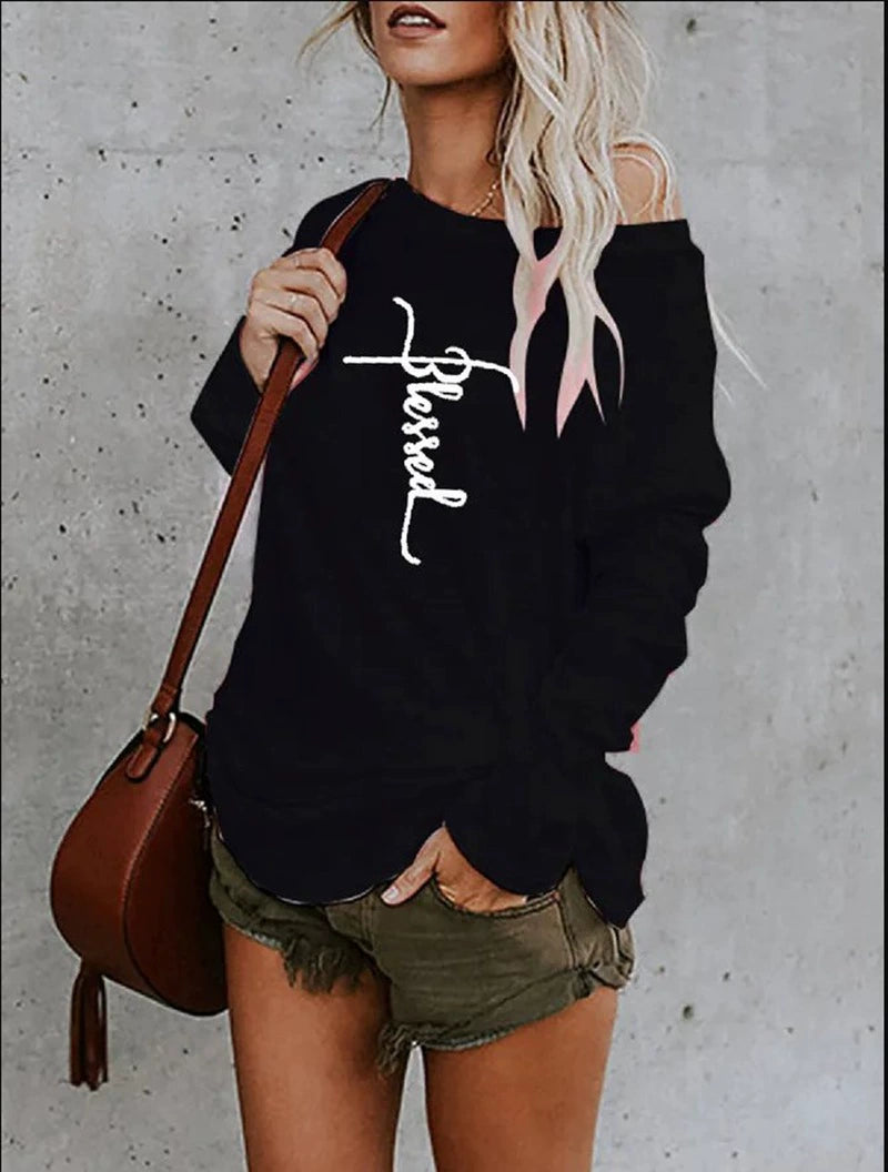 off-Shoulder Printed round Neck Loose Casual Long Sleeve T-shirt