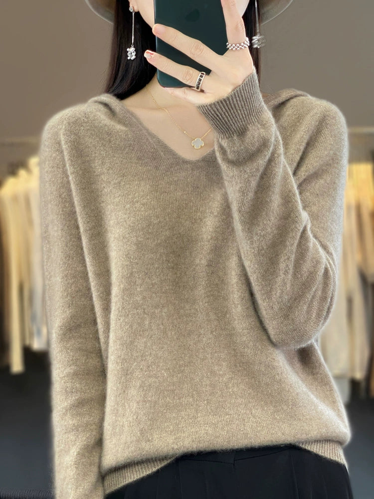 Front Line Ready-Made Garments Hooded V Neck Pure Cashmere Sweater Pure Color Women's Slimming Sweatshirt Loose Wool Knitting Bottoming Shirt