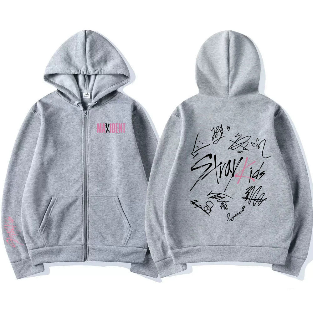 Harajuku Straykids Stray Kids Maxident Print Zipper Hooded Sweatshirt Hooded Outwear