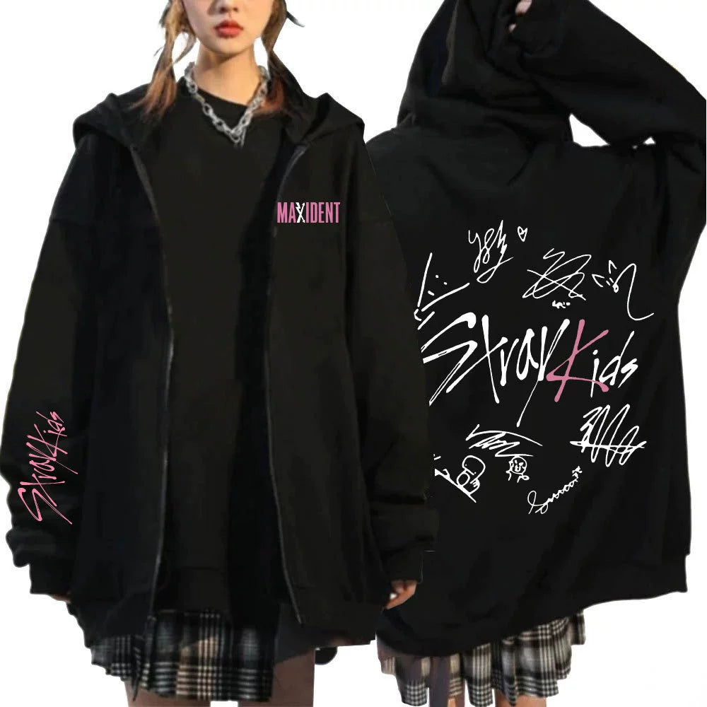 Harajuku Straykids Stray Kids Maxident Print Zipper Hooded Sweatshirt Hooded Outwear