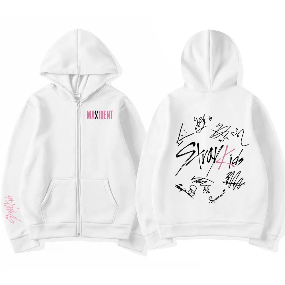 Harajuku Straykids Stray Kids Maxident Print Zipper Hooded Sweatshirt Hooded Outwear