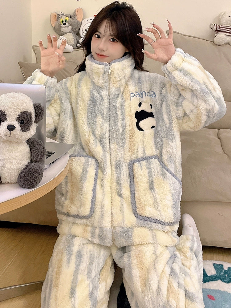 2024 New Arrival Pajamas Women's Autumn and Winter Coral Fleece Cartoon Panda Thickened Fleece-lined Heattech Winter Home Wear Suit