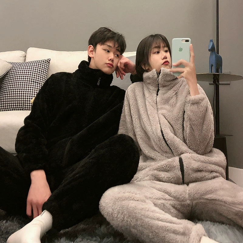 K-style Couple Pajamas Women's Fall and Winter Coral Fleece Fleece-lined Thickened Flannel Solid Color Homewear Men Heattech Suit