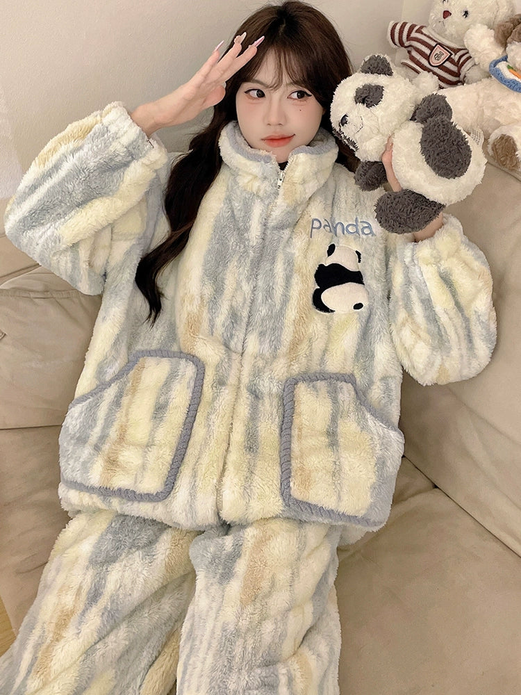 2024 New Arrival Pajamas Women's Autumn and Winter Coral Fleece Cartoon Panda Thickened Fleece-lined Heattech Winter Home Wear Suit