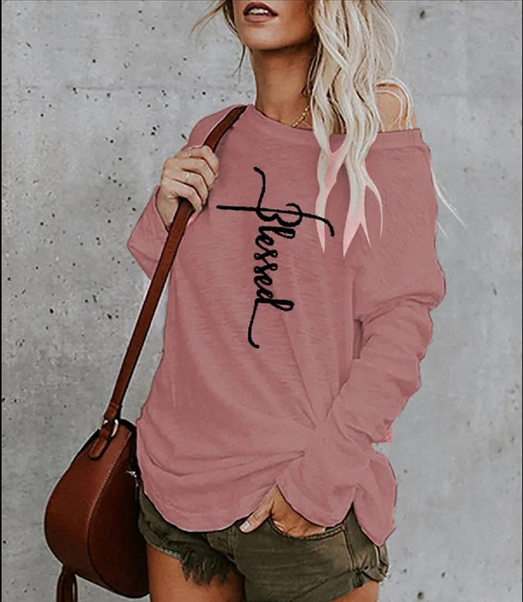 off-Shoulder Printed round Neck Loose Casual Long Sleeve T-shirt