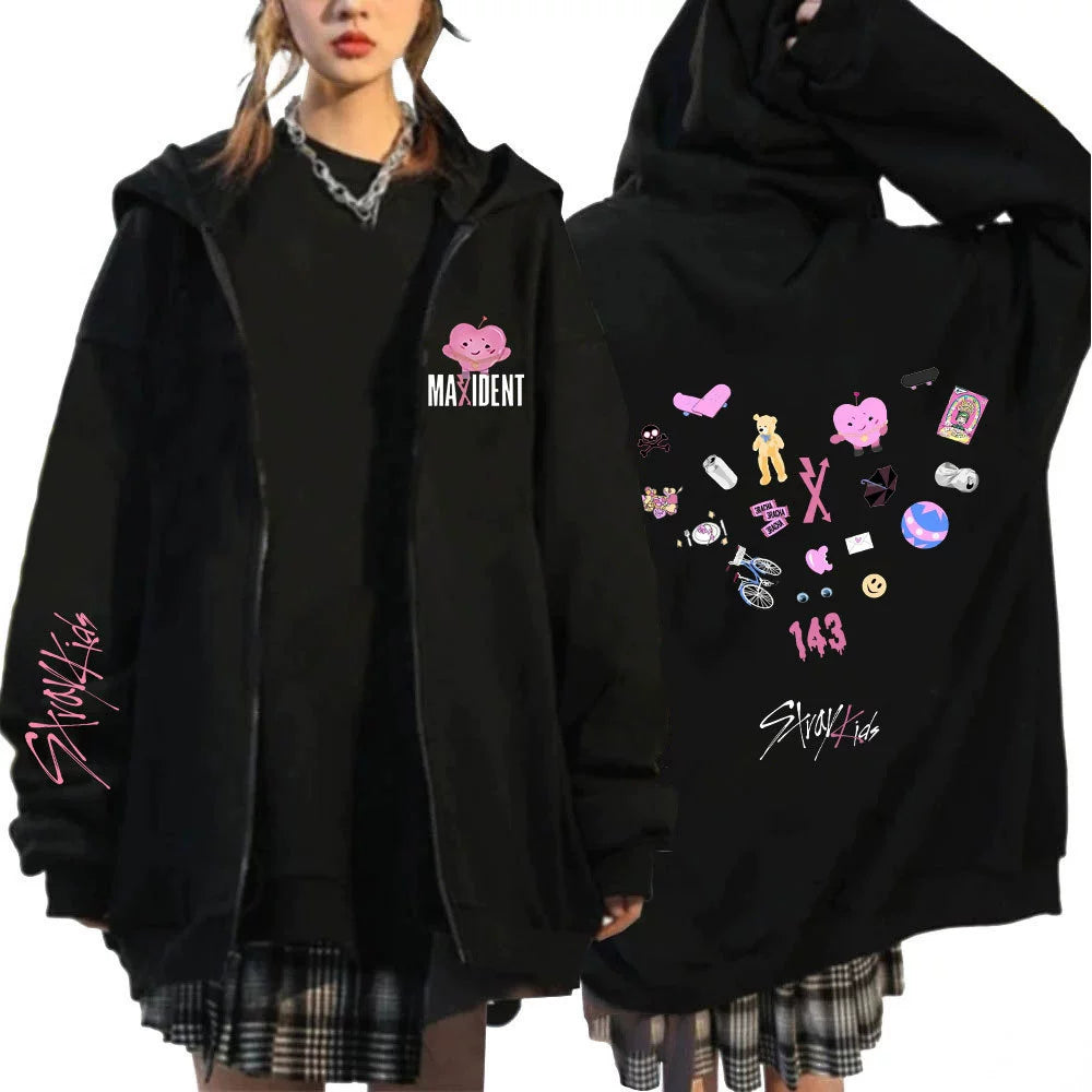 Harajuku Straykids Stray Kids Maxident Print Zipper Hooded Sweatshirt Hooded Outwear