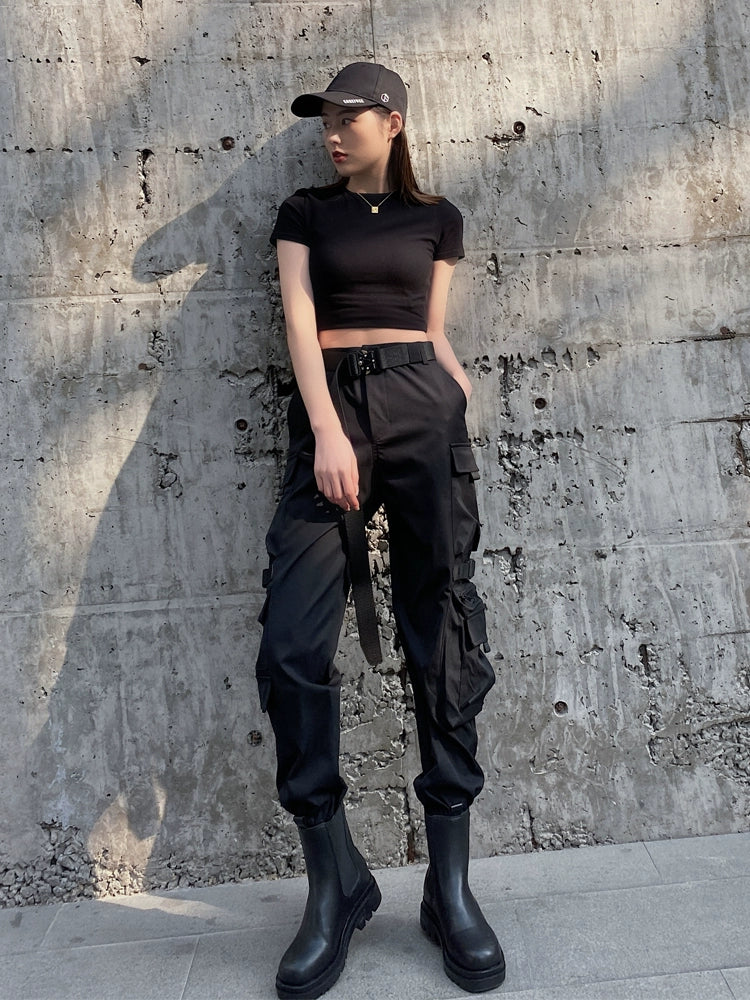 Hip Hop Slim Looking High Waist Ins Exercise Ankle-Tied Cargo Pants