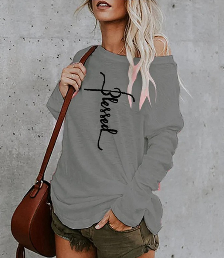 off-Shoulder Printed round Neck Loose Casual Long Sleeve T-shirt