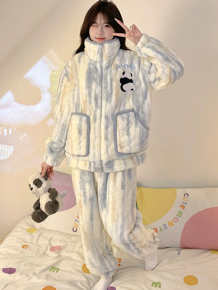 2024 New Arrival Pajamas Women's Autumn and Winter Coral Fleece Cartoon Panda Thickened Fleece-lined Heattech Winter Home Wear Suit