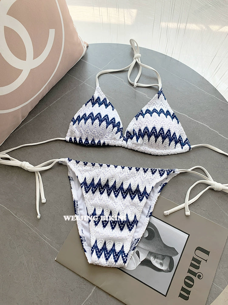 Classy Striped Bikini Lace Fabric Three-Piece Set Sexy Hot Spring Seaside Vacation Triangle Cup Sexy Swimsuit