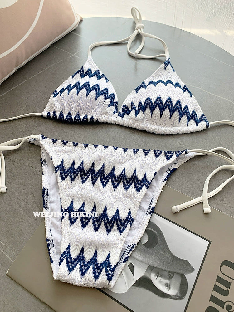 Classy Striped Bikini Lace Fabric Three-Piece Set Sexy Hot Spring Seaside Vacation Triangle Cup Sexy Swimsuit