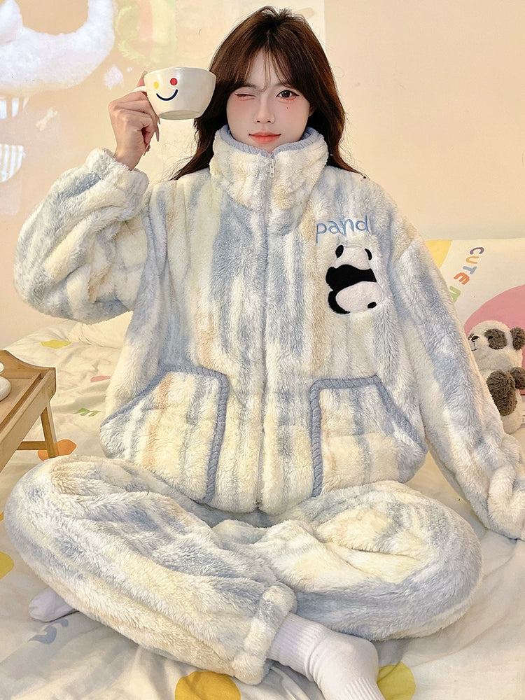 2024 New Arrival Pajamas Women's Autumn and Winter Coral Fleece Cartoon Panda Thickened Fleece-lined Heattech Winter Home Wear Suit