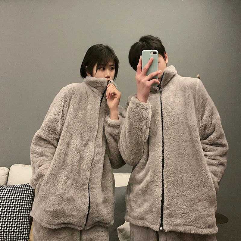 K-style Couple Pajamas Women's Fall and Winter Coral Fleece Fleece-lined Thickened Flannel Solid Color Homewear Men Heattech Suit