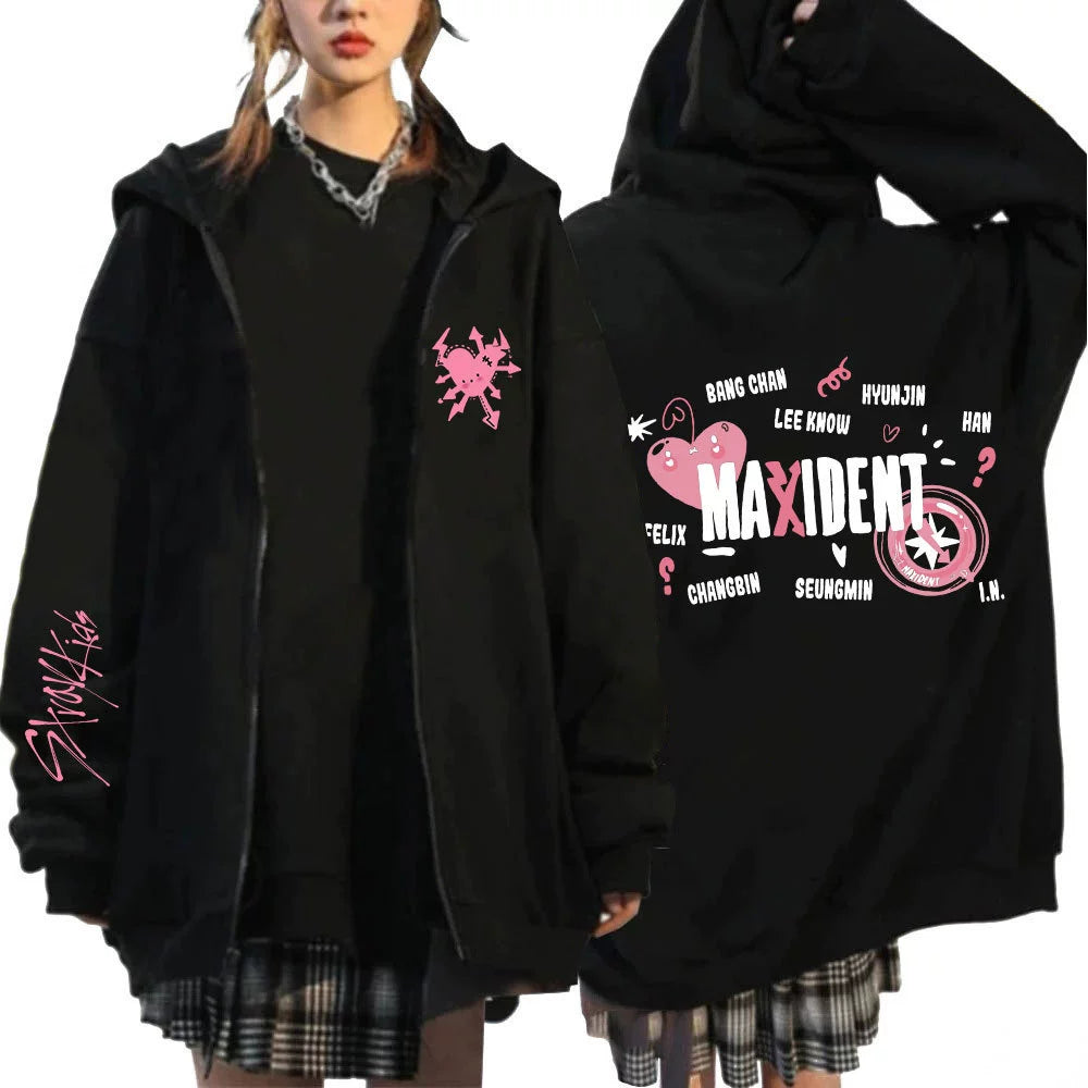 Harajuku Straykids Stray Kids Maxident Print Zipper Hooded Sweatshirt Hooded Outwear