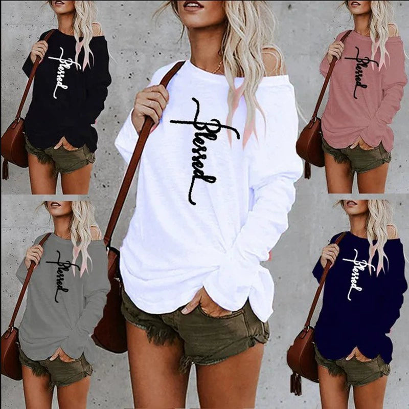 off-Shoulder Printed round Neck Loose Casual Long Sleeve T-shirt