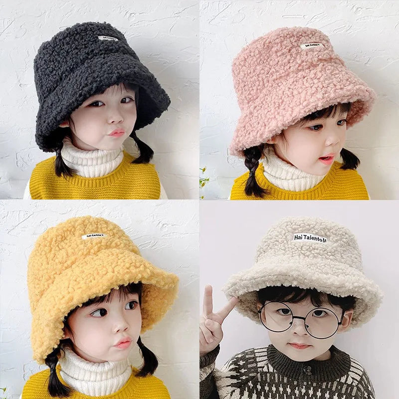 Embroidery Letter Baby Bucket Hat Winter Warm Plush Fishermen Cap for Toddler Boy Girl Korean Soft Lamb Wool Kids Panama Hats