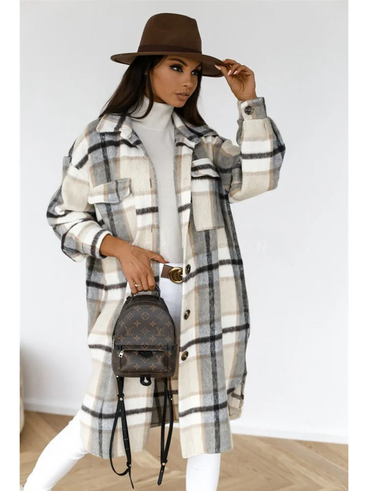 Women Plaid Printed Warm Jacket 2021 Autumn Winter New Fashion Casual Long Overcoat Pop Lapel Lady Single Breasted Shirt Coats