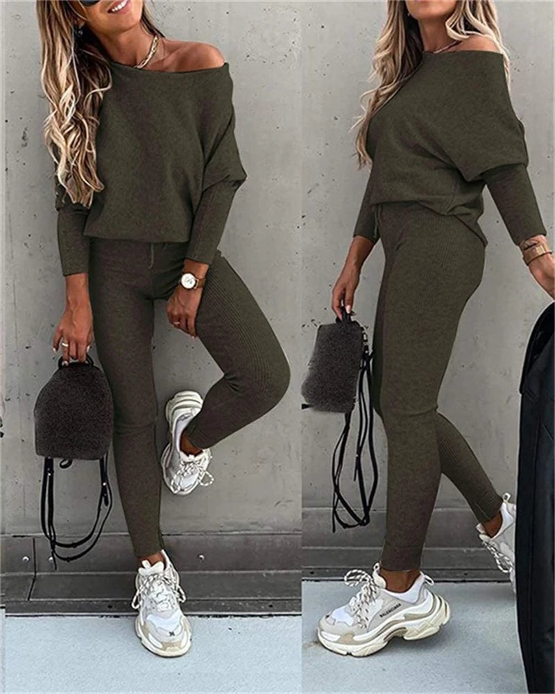 Casual Long-sleeved Oblique Shoulder Blouse Lace-up Slim Trousers Fashion Suit 1-line Collar Pleated Top Pants 2-piece Set Women