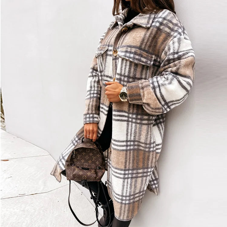 Women Plaid Printed Warm Jacket 2021 Autumn Winter New Fashion Casual Long Overcoat Pop Lapel Lady Single Breasted Shirt Coats