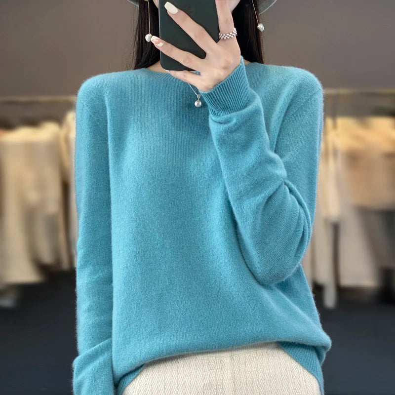 Women 100% Pure Merino Wool Knitted Sweater Autumn Winter Fashion O-Neck Pullover Seamless Jumper Tops Cashmere Warm Clothes