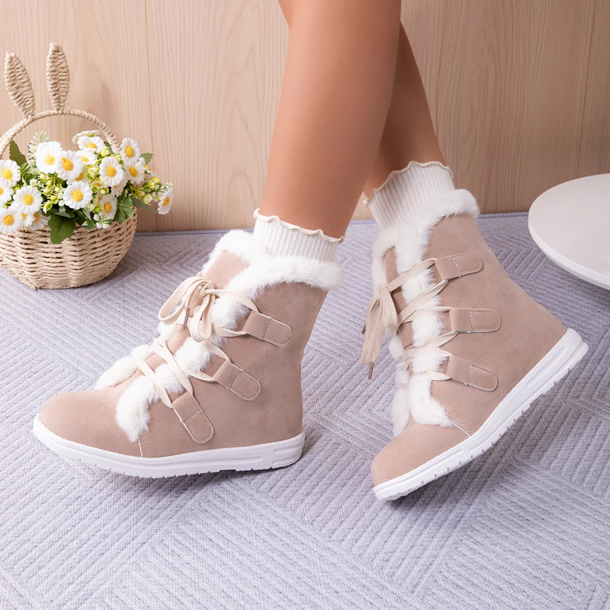 Snow Boots Women's Shoes Short Boot Winter Wedges Luxury Elegant Woman Lolita Furry Sneakers Pink Cute Comfortable Flat on Offer