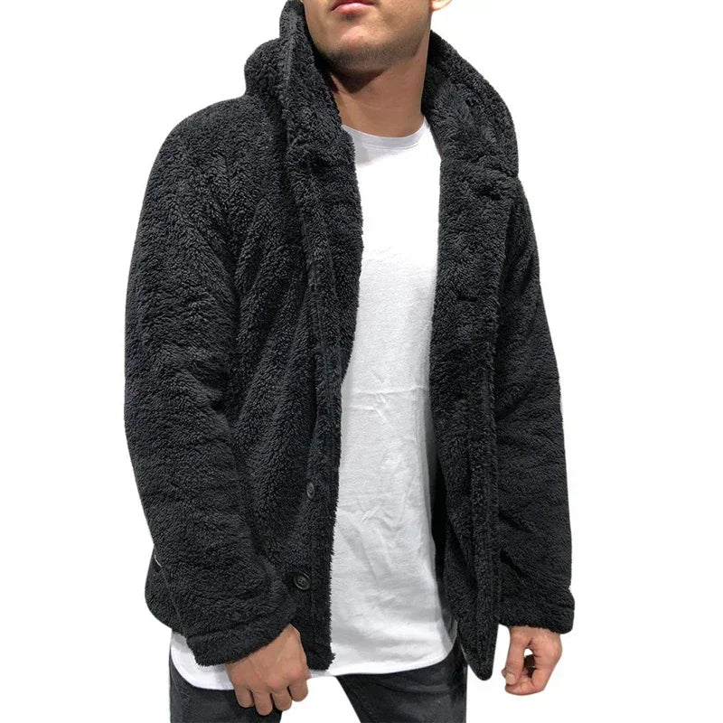 Men's Teddy Bear Fleece Coat Cardigan Winter Warm Hooded Coat Fashion Solid Color Long Sleeve Pocket Button Hooded Warm Coat